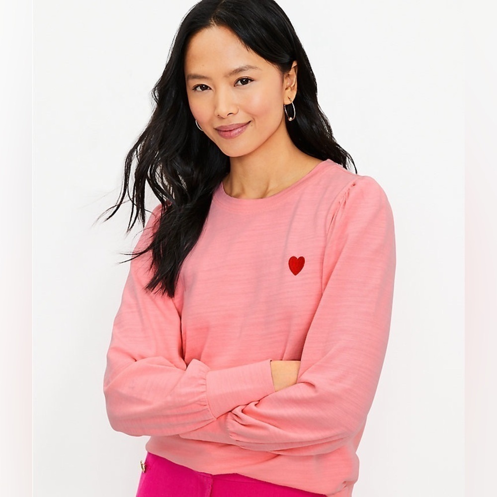 LOFT Heart Puff Sleeve Sweatshirt True Pink Size Small